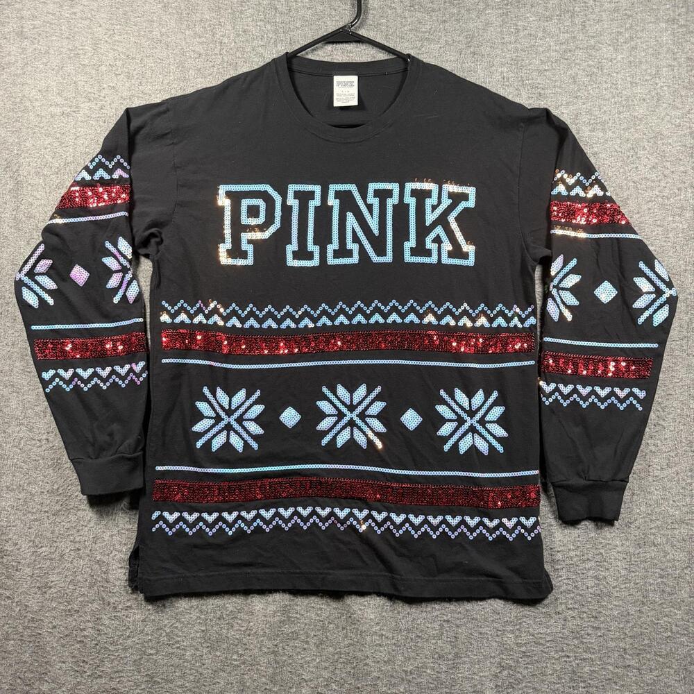 Victoria's Secret PINK Holiday Sequin Shirt Womens L Ugly Sweater Snowflake Y2K